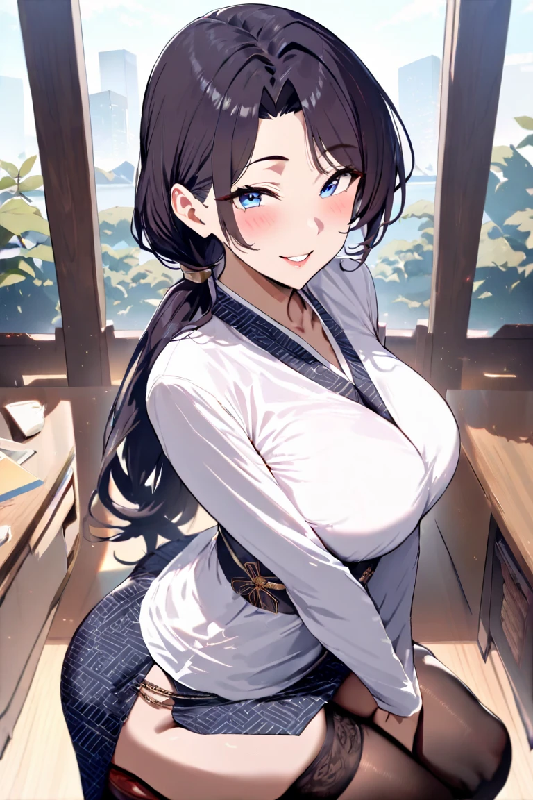 ((masterpiece)), ((best quality)), (ultra-detailed), (realistic), beautiful face, detailed hands, 1girl, solo, mature female, milf, motherly, forehead, big breasts, narrow waist, wide hips, curvy, (straight hair, long hair, high ponytail, dark hair, dark eyes), (white kimono, cleavage), dojo, looking at viewer, cowboy shot, seductive smile, sitting