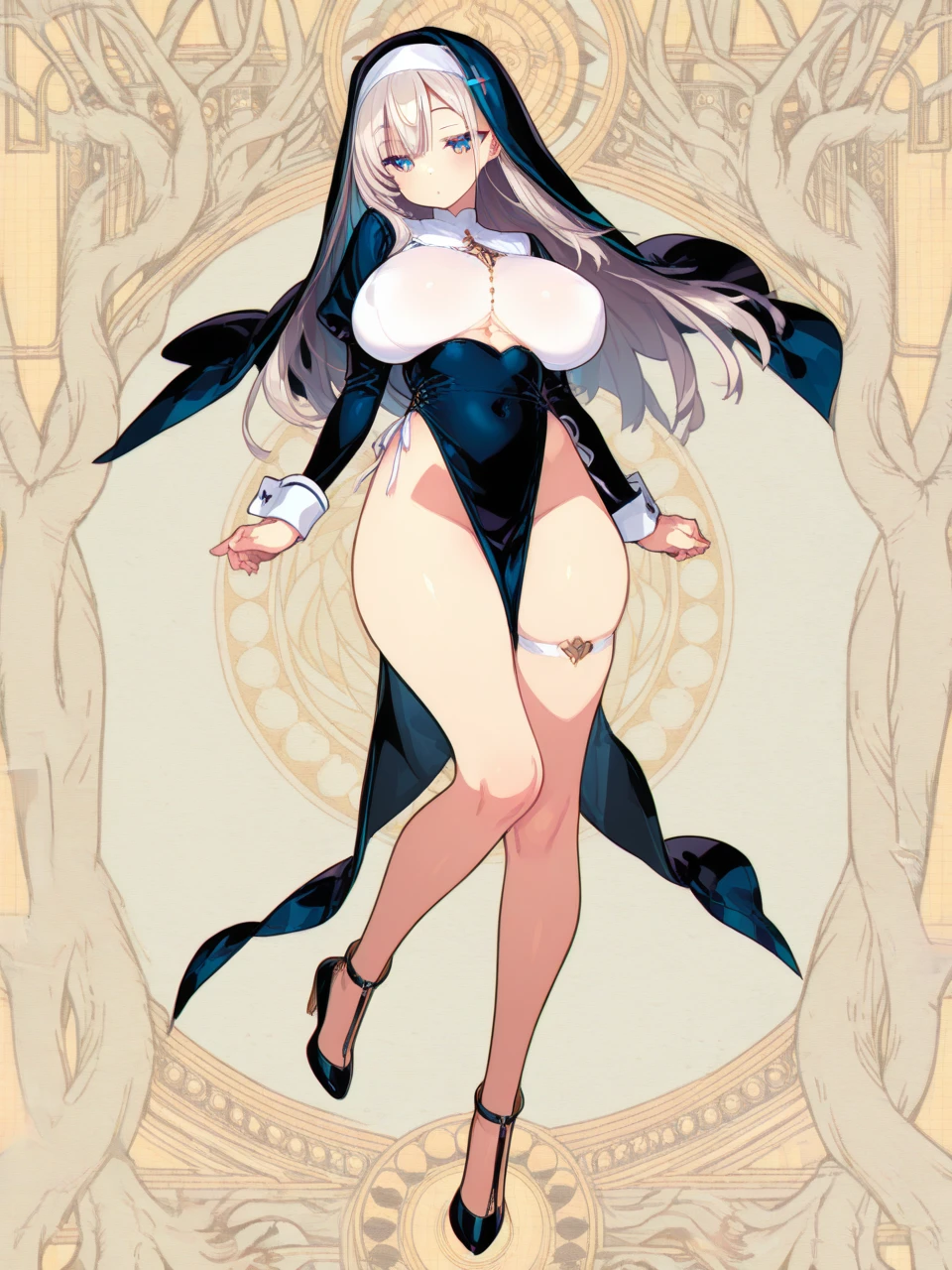 masterpiece full body toe to head beautiful woman butler, 1soloMILF BIMBO full body black uniform wearing a big belt (Nylon Belt for Women) (plain background) bracelets strong body paw pose standing by wooden pole