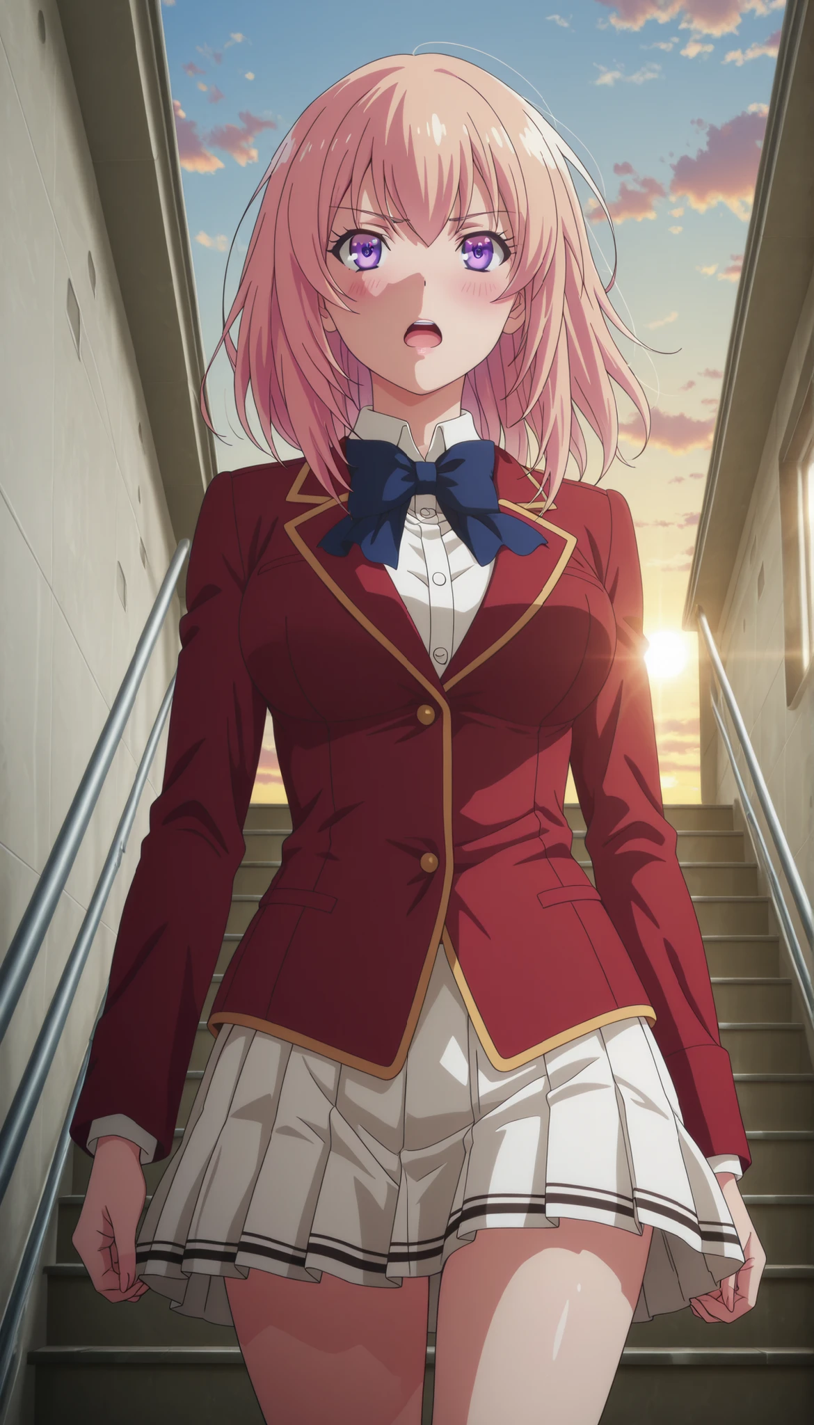 masterpiece, best quality, very detailed, , masterpiece, best quality, eyelashes, (Beautiful Eyes), cowboy shot,Ichinose Honami, anime, Official Illustration , blush, ruddy skin, medium hair , purple eyes , Gold ,red jacket , pleated skirt ,white skirt , shirts , thigh, walking, serious face ,blushing ,open mouth, glossy lips,morning ,sun, from below