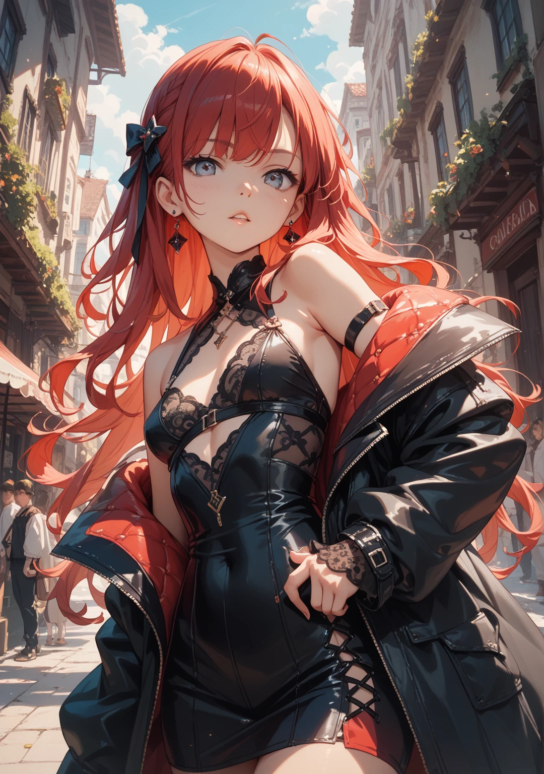 une fille, pointe un revolver vers moi, yeux rouge, inexpressive, belle, sexy, tenue noir moulante, la nuit, dans une ville