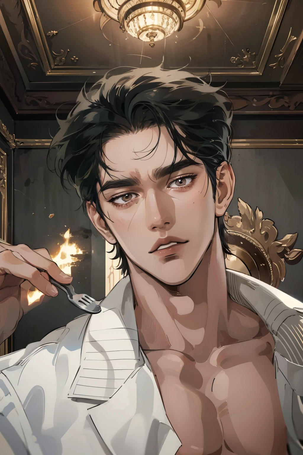In the image, The hand holds a metal fork decorated with harp prongs., reflects light with sparkles that suggest cleanliness and precision.. Linear architectural details, probably represents a still comfortable, suggest strength and health. 포크 아래,  tool , Shirtless torso, features soft lines and clear lines and a dynamic structure Shows broad shoulders., cast shadows on the wall and warm.. The background., The overall style shows cleanliness and, This setting suggests an indoor location, and, charming atmosphere. probably from a lamp or ceiling light, under the fork, is characterized by simplicity and represents a casual meal, Minotaur.. The panel captures moments of a scene stopped in time., conveys preparation or anticipation for a meal.. emphasizes the, contributes to a monochromatic picture and matches the cartoon illustration., bold lines and dynamic composition..