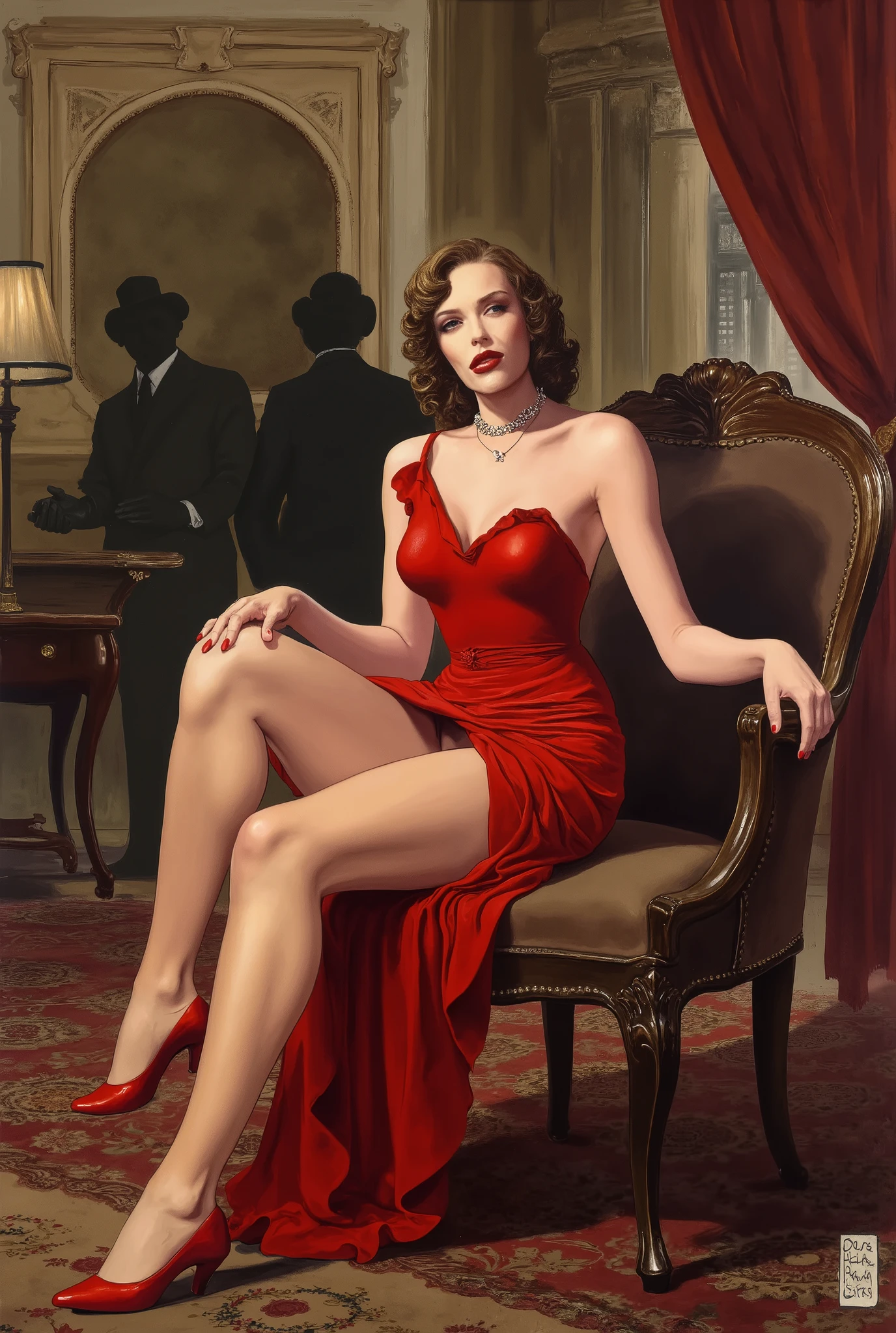 1940's, elegant woman sitting in the armchair of a vintage hotel lobby, jazz, an elegant vintage theme, woman looking intensely at the camera while enjoying her time, beautiful legs coming out of the red dress, revelando sua hairy pussy, sexy and elegant in short dresses and stockings, garter belts and necklace choker necklace, sexual tension as she takes off her panties