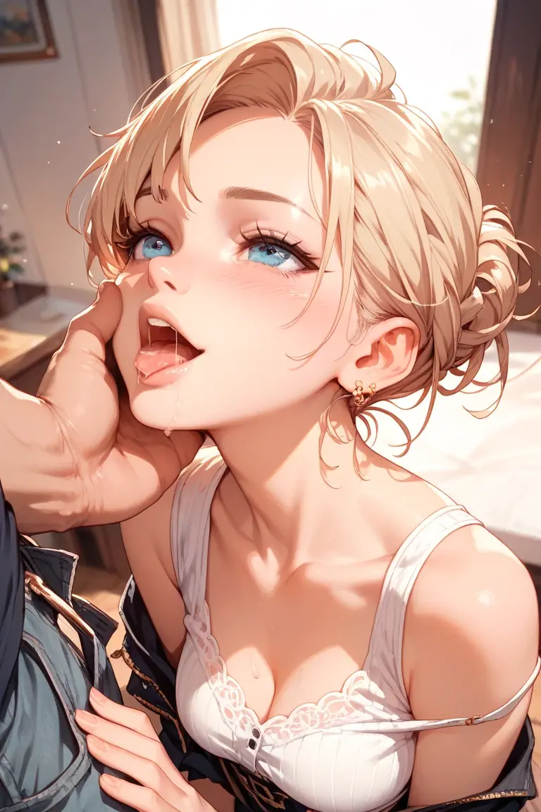(masterpiece:1.2、Highest quality、masterpiece)、1 female、alone、classroom、Day、stand、blonde,Bangs,Disheveled Hair、blue eyes、(Completely naked:1.4)、(Whitening:1.4)、Big Breasts、Earrings、lipstick、Sweaty、Round 1、blush、(Face close-up:1.4),((Rubbing one penis with her cheek:1.5)),(Rub your penis against your cheek:1.5)