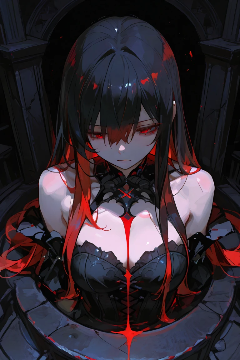 Realistic、1girl、(black hair red hair gradient hair:1.3)、(long hair),red eyes、(glowing eyes:1.3)、open stance,(middle hair),(breast focus:1.3,upper body),(enamel body suit:1.3,open chest
)、(clear face:1.3),(cute face:1.3),(tareme:1.3),(huge breasts:1.3),(dark color background:1.5)