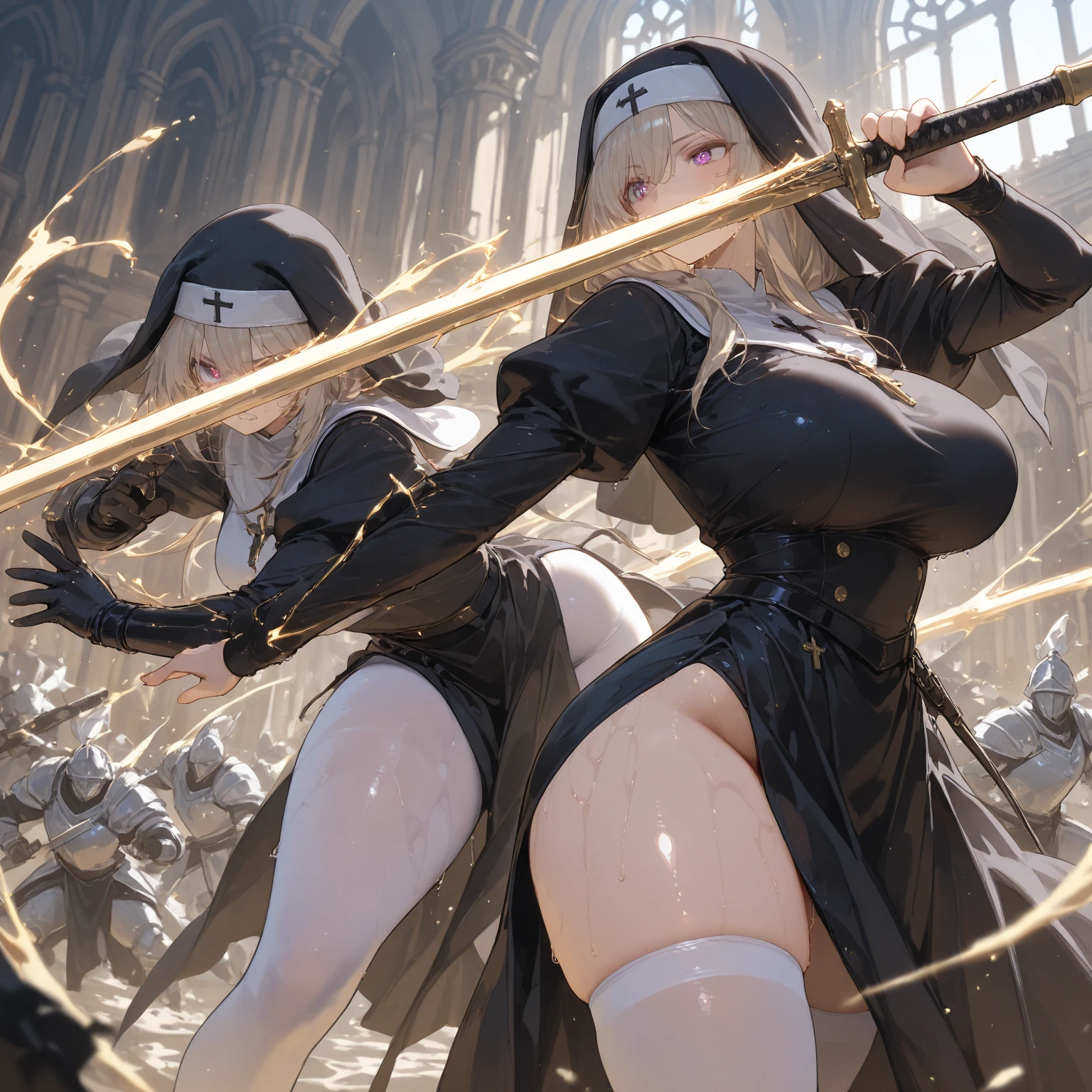 masterpiece, 最high quality, High resolution,  Final Fantasy 7、Tifa Lockhart、Black torn clothes 、Black ripped pantyhose、Dark church at night、sexy、Wearing a mini skirt、Thin legs、Big Breasts、Slim figure、high quality　CG Tone、Torn black panties、Defeat scene、Losing to a woman、fall forward onto the floor、Surrounded by women、Tattered、Prone
