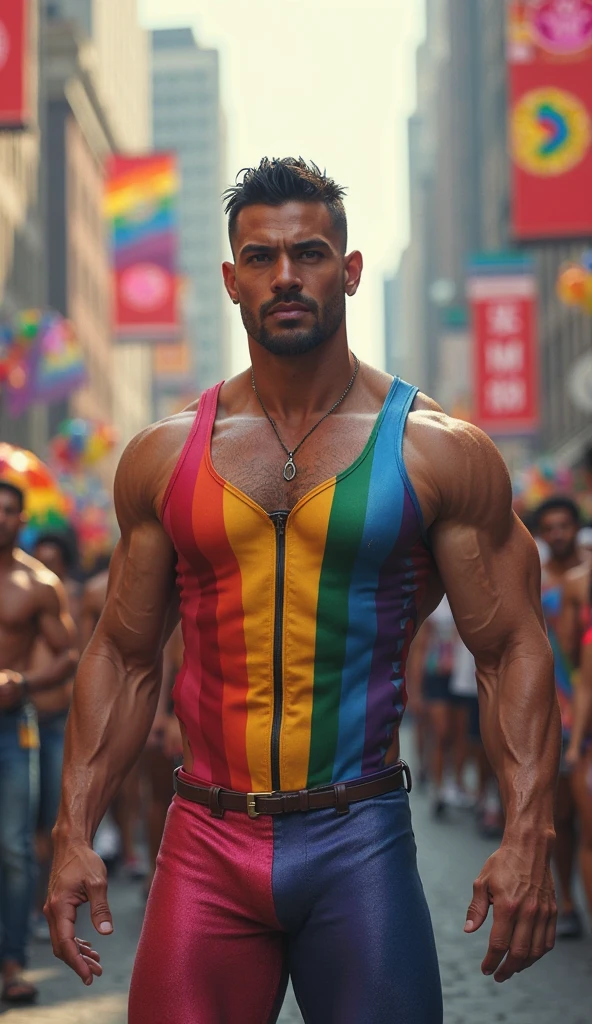 (1boy, photorealistic:1.4, ultra realistic, masterpiece:1.2, best quality, 4k, 8k), 1 handsome 21-year-old male enjoying the new york city gay pride parade wearing only sunglasses and rainbow underwear, full body, celebrating gay pride, gay, rainbows, rainbow flag, gay pride, high energy, happy and fun moments, delicate skin, detailed face, ultra realistic skin, youthful innocence, shot on Nikon d850 50mm, dlsr, RAW, outdoor sunny summer day lighting