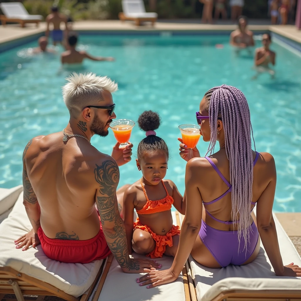 1 beautiful birracial blue hair woman and 1 white man at the pool, detailed full body