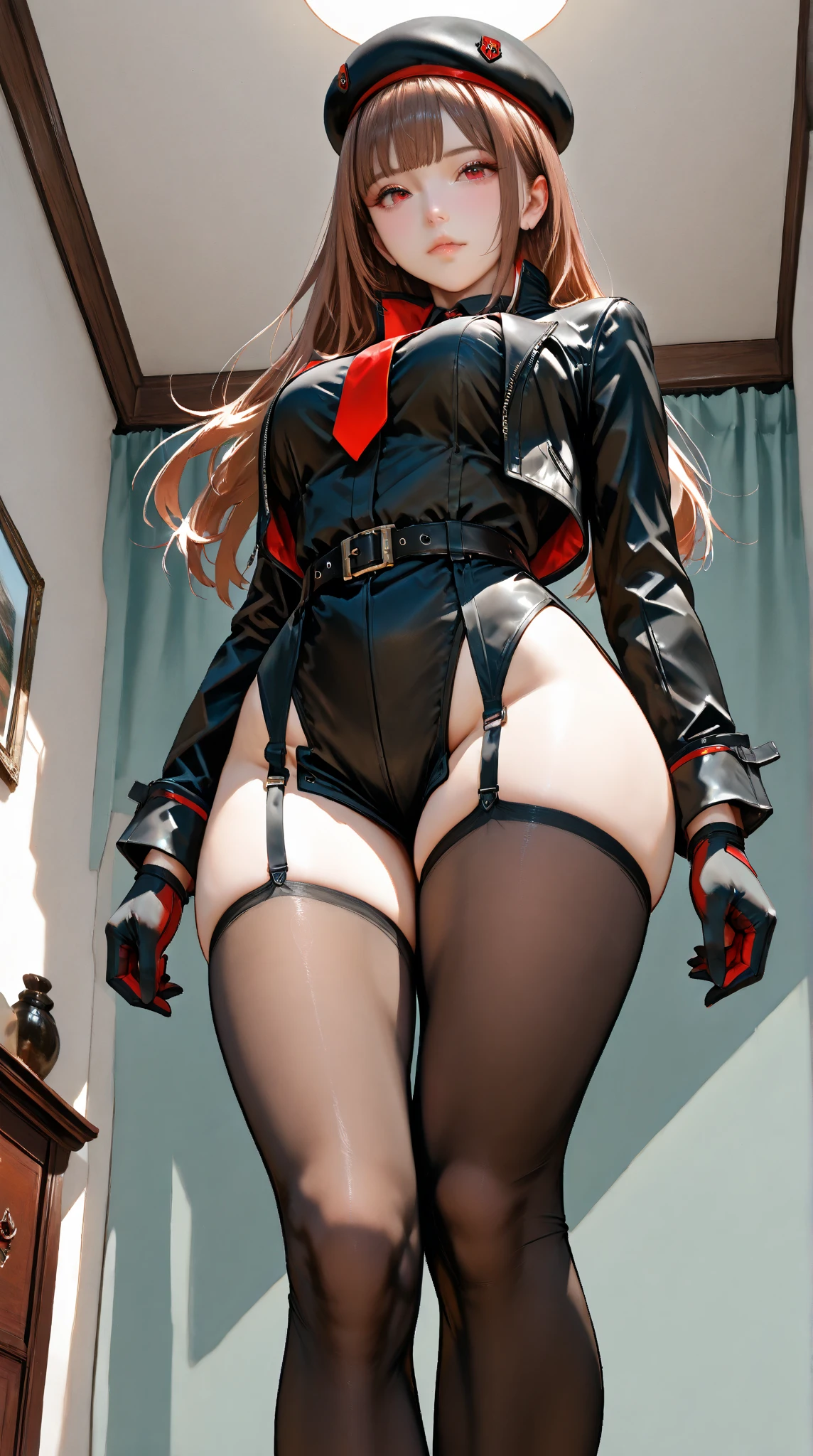 nsfw, Masterpiece, top quality, highly detailed, Beautiful mature girl wearing black frame glasses, long pink hair ponytail with bangs,Black uniform with red trim, red tie and thigh-high black stockings