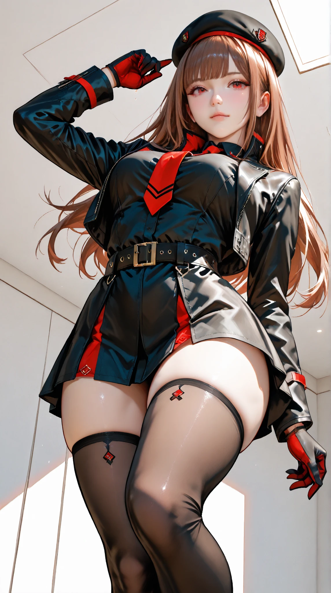 A hyper-realistic、ultra-detailliert、top-quality、hight resolution、20-year-old Japan goddess, beret(Red 1:Black 9)、Wearing a uniform(Red 3:Black 7)、Cosplay Gravure Idol、long hair with voluminous brown blonde hair,,,,,,,,,、G Cup、Wearing a black crop jacket with a large collar、Wearing black instep and red palm gloves、Rear view from below、The waist belt comes with several small pouches、Bullets hang from both sides of the hips to the thighs、Black garter stockings、Wear short boots with high heels in red and black intricate design、Thin black panties