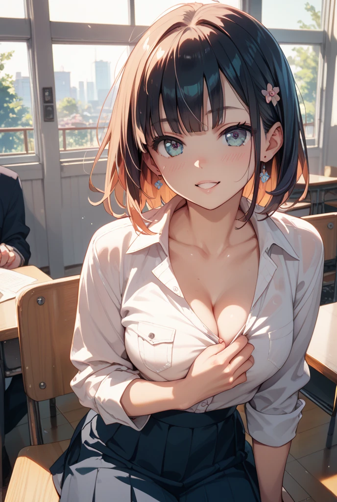 middle School girls、Black Hair、Disheveled Hair、Baby Face、Summer uniform、Cleavage、No bra、Both arms down、Drooling、classroom、Watery eye、Semen is dripping、Subjective