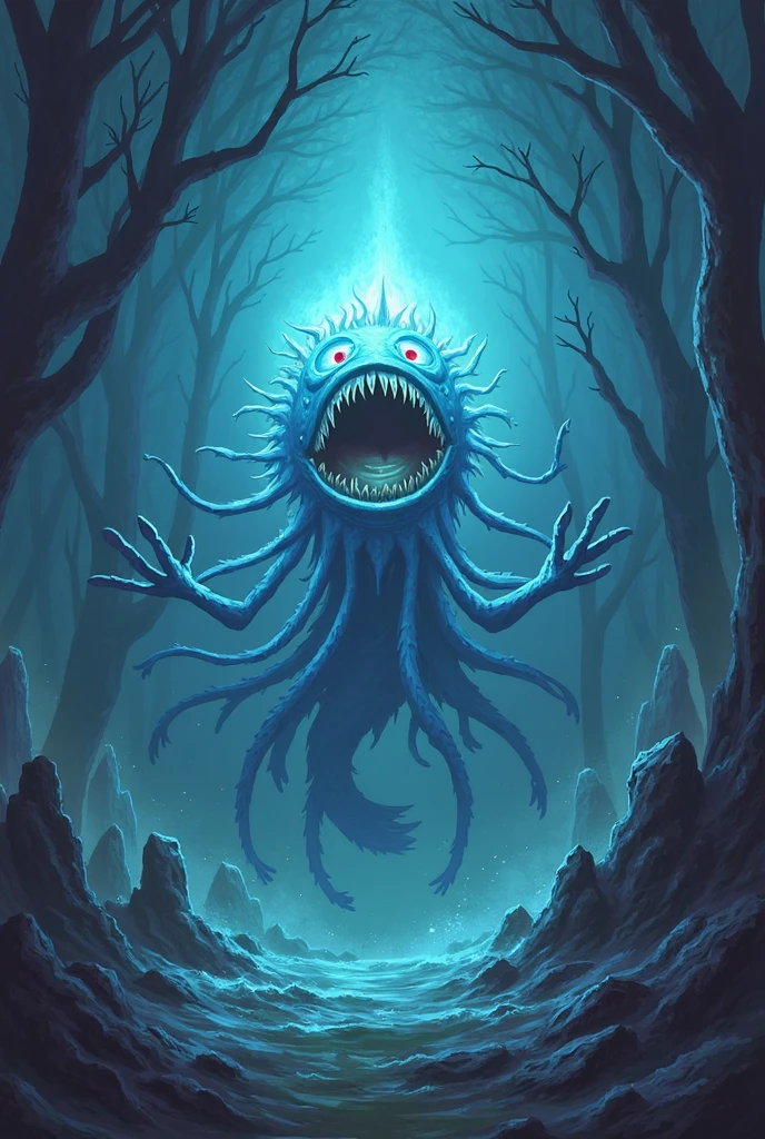 Night swamp monsters dazzled by intense blue light 