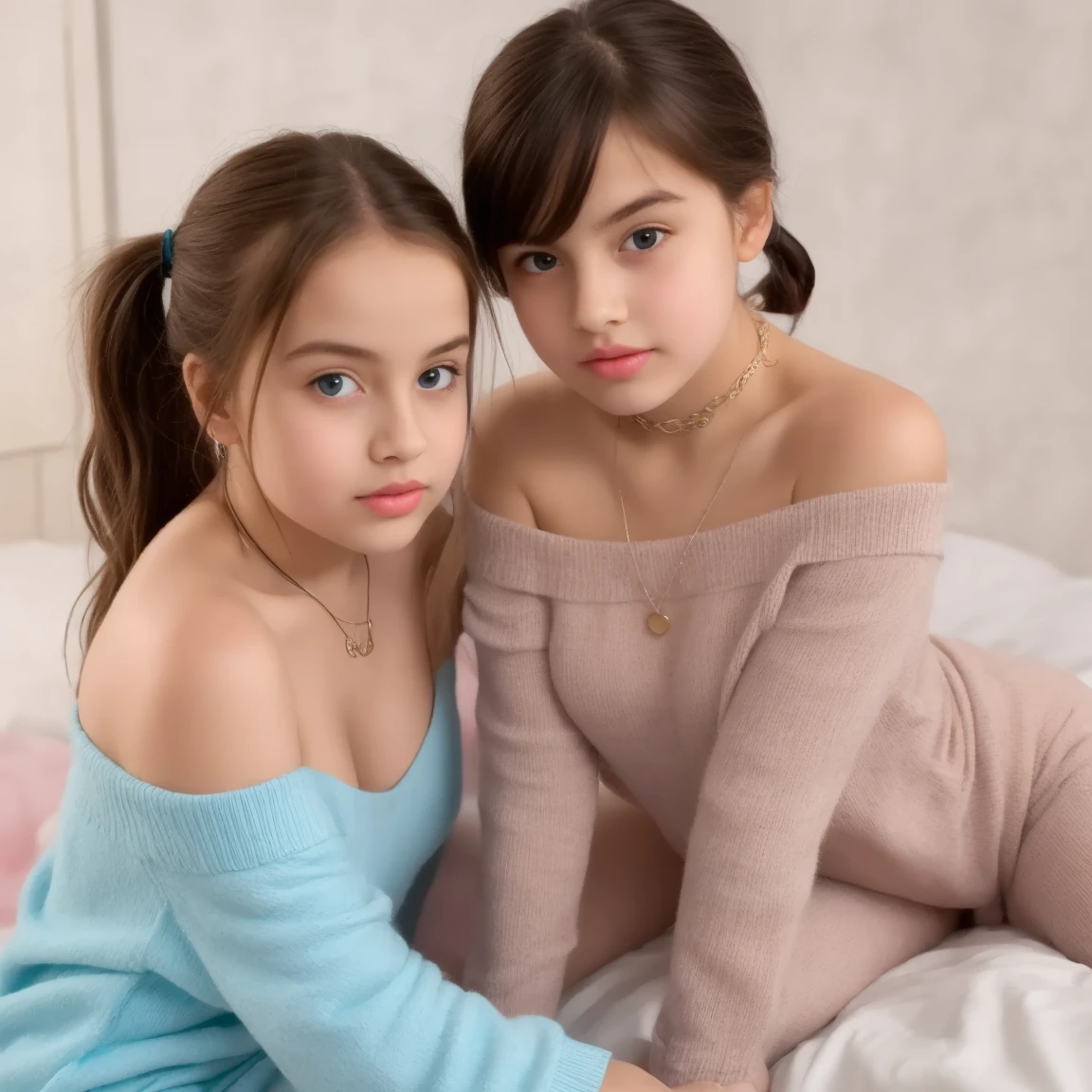 twogirls, kissing, small, Kiss, They wear low-cut and short dresses, long hair, ba lighting, realisitic, no mistakes, beautiful, baby face, juvenile