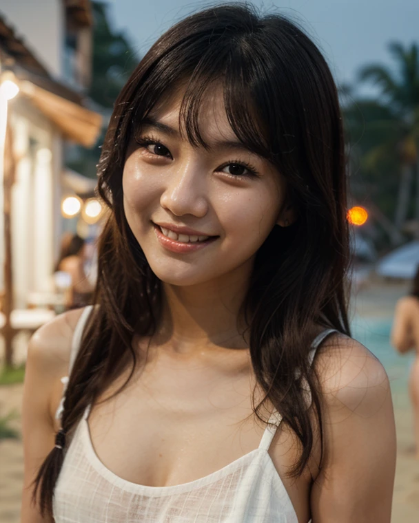 A 20-year-old woman with a very cute face like an idol、Smiling Kindly、((leica 50 mm prime lens, cinestill 800T film))、((cinematic lighting))、(Cleavage)、one piece、(((Beautiful starry sky on the beach at night)))、((Very dim lighting))、((Don't expose your face to the light))、((Long-distance shot))、(live-actionと見分けがつかない高品質)、RAW Photos、Genuine、live-action、(Artistic Expression)、High resolution、masterpiece