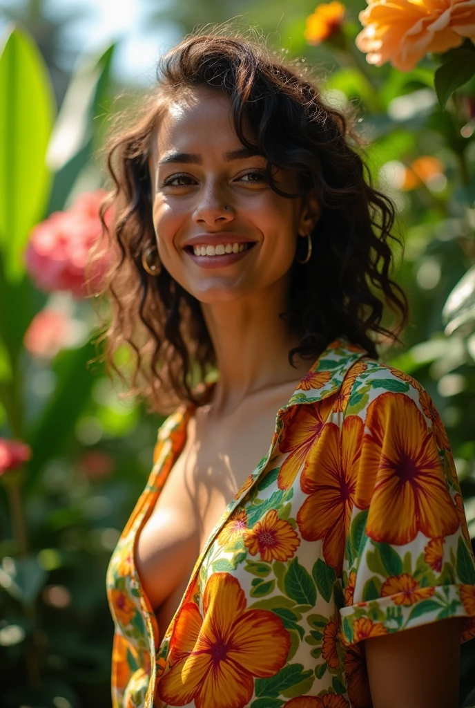 A Brazilian woman in a lush tropical garden, wearing an open shirt with a floral print, with a close-up capturing the harmonious beauty between her breasts and the natural flowers, showing her natural charm and outgoing personality with her pussy out.