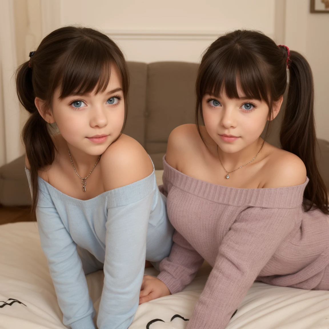 Sarah Hyland and Emma Watson (((naked on their knees begging))) in a dimly-lit livingroom, close up pov shot, (((looking up at camera))), looking directly at camera, (overhead perspective), face blushing, ((choker)), submissive pose, ((worried)), braids, mouth open, moan, seductive, pout