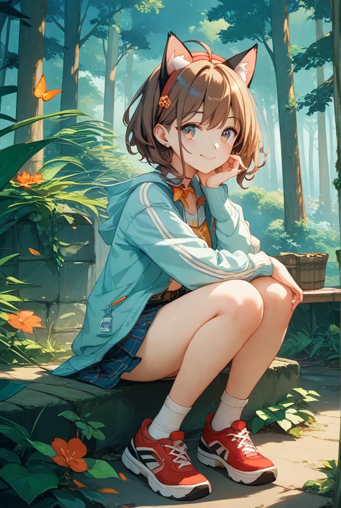 Full body portrait of Dora the explorer. A young adventurous girl of about 16 years old, with tanned skin and short brown hair with bangs, and large expressive green eyes. She has a small nose, medium-sized lips, small ears, and a round face. She is wearing a small transparent pink shirt with sleeves and orange very short shorts down to the knees, both with visible texture and details. She has a blue backpack and is holding a torch in her hand. She is surrounded by lush green jungle vegetation. Create the image in a detailed and vibrant style similar to an adventure movie poster. Realistic style.