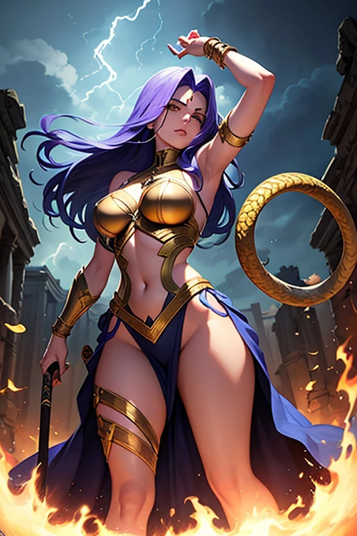 Goddess Kali, muscular body, purple skin, Aggressive pose, very cute face, angry face, hyper realistic photo, clothing details