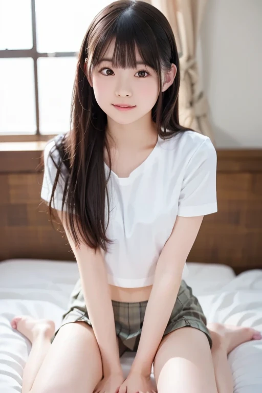 High resolution、High resolution、In 8K、RAW Photos、Highest quality、masterpiece、One teenage girl, (flat chest like a boy:1.2), ((Skinny body:1.2)), Wavy Hair, Pink cotton shorts and tank top, Anatomically correct, Striped knee socks,
