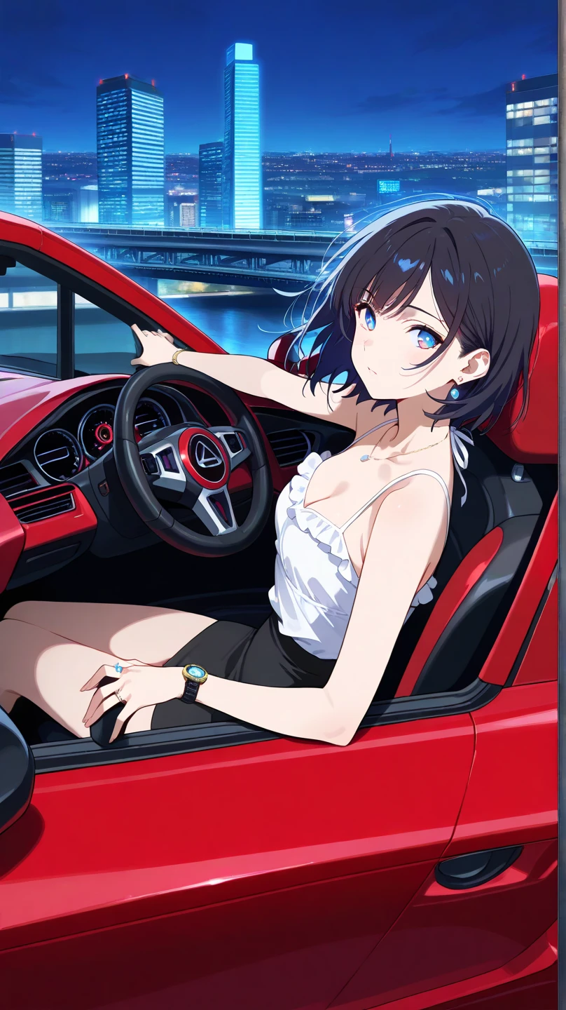 4K, A high resolution, Best quality at best, masterpiece, perfect colors, perfect shadow, perfect litthing, ((sportrait)), Anime girl sitting in car with hand on chin, Anime visuals of cute girls, Seductive Anime Girl, charming anime girls, anime styled, High quality anime art style, Beautiful anime girl, young anime girl, Anime Girl, Anime Girl with Long Hair, tight crop top, big breast, half breast open, background is Tokyo city 80s, an anime girl, Cute anime girl, face closeup