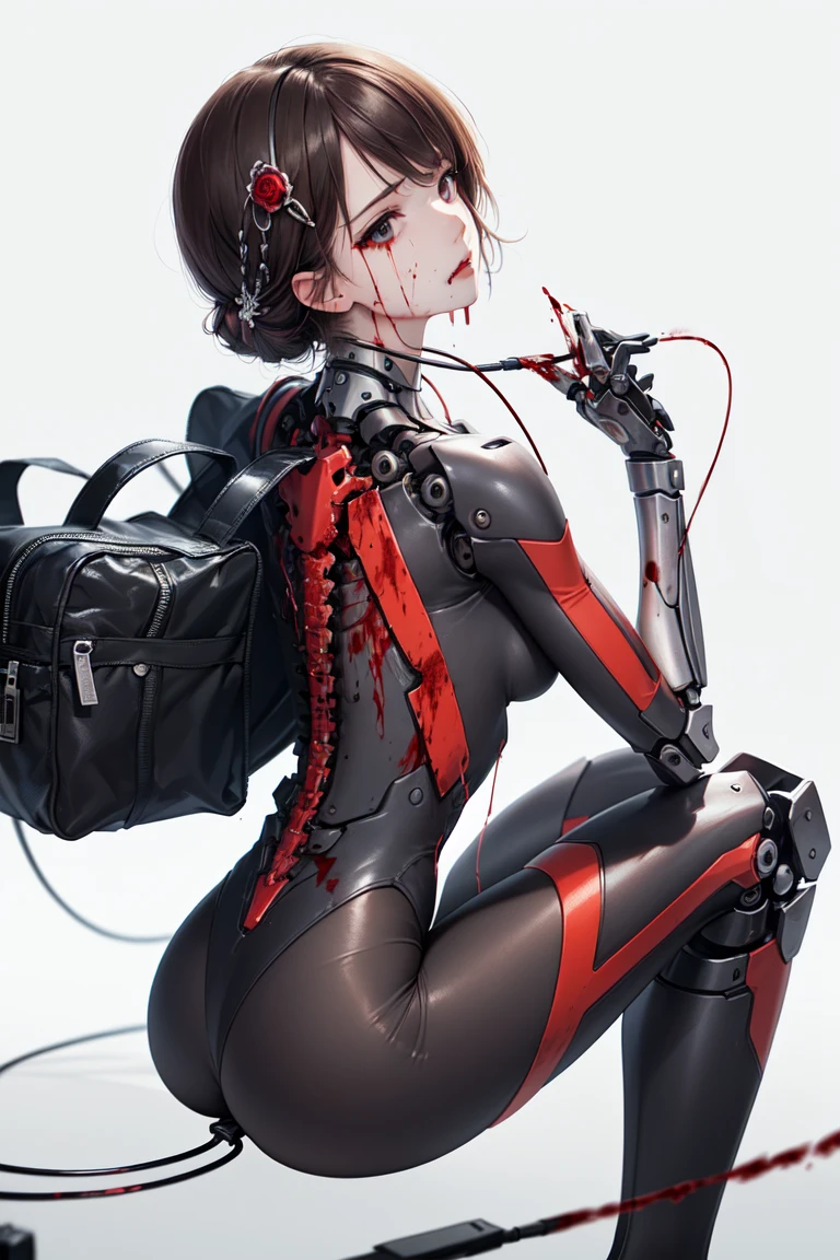 (masterpiece, top quality, best quality, official art, beautiful and aesthetic:1.2), (1girl:1.3), extreme detailed,colorful,highest detailed ((ultra-detailed)), (highly detailed CG illustration), ((an extremely delicate and beautiful)),(from side),cinematic light,((1mechanical girl)),solo,full body,(machine made joints:1.2),((machanical limbs)),(blood vessels connected to tubes),(mechanical vertebra attaching to back),((mechanical cervial attaching to neck)),(sitting),expressionless,(wires and cables attaching to neck:1.2),(wires and cables on head:1.2)(character focus),science fiction,white background,(blood:1.5)