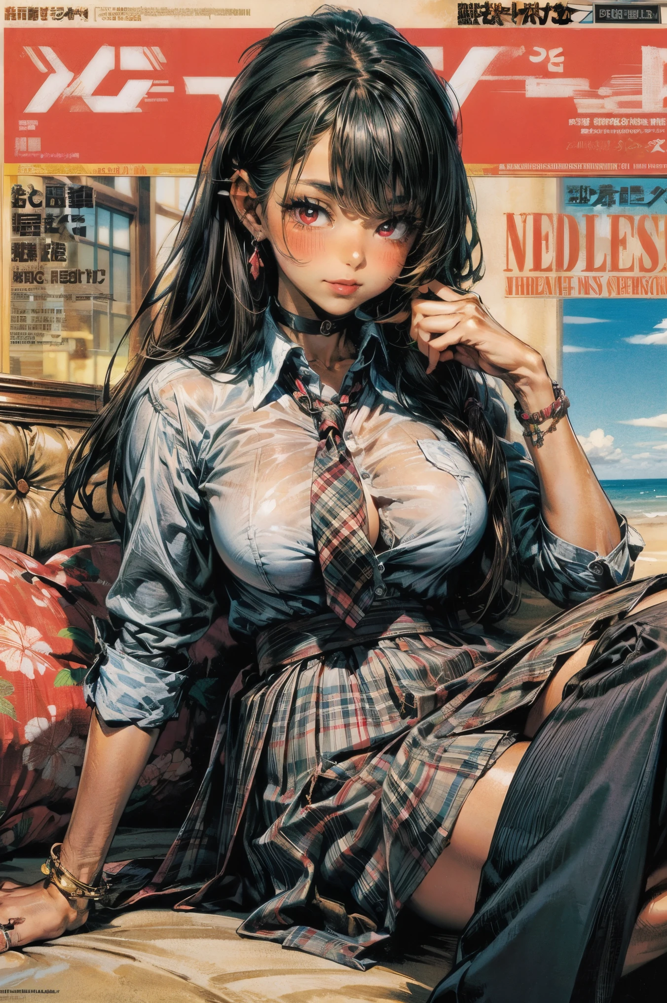 masterpiece, top quality, full body, 1girl, Bang, black choker, black necktie, black hair, blue Skirts, blush, bracelet, chest, choker, clothes It is hung with a waist, collarbone, collared shirt, Cowboy Shots, dress shirt, ear piercings, I can see my eyebrows from between my hair, gradient hair, Glynn, Gal, jewelry, Kogal, long hair, staring at viewers, loose necktie, necktie, piercings, Plaid, Plaid Skirts, pleated Skirts, red eyes, ring, school uniform, shirt, Skirts, Smile, solo, white shirt, street, null, cherry blossoms, petals,Illustration, (magazine:1.3), (cover-style:1.3), fashion hidden in the sandable, Woman, Vibrant, Costume, Pose, front, colorful, dynamic, Background, element, confident, Performance, Holding, statement , accessories, Majestic, Swirl, It is hung with a , touch, scene, article, cover, , gets attention, 【title, stylish, font, charming, Heading, big, Impressive, modern, trend, Focus, fashion hidden in the sand, --auto