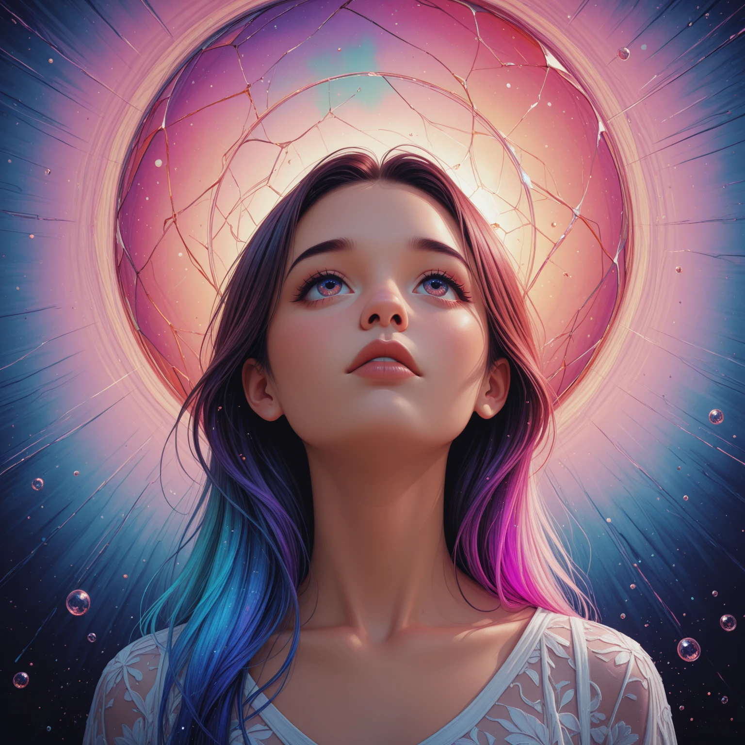 Tarot style, 1girl, male_focus, collarbone, portrait, digital illustration, flowing hair, glowing rainbow hair, night, pastel, looking at camera, looking_at_viewer, ring lighting, edge lighting, artstation trend, wlop, dsktaro1