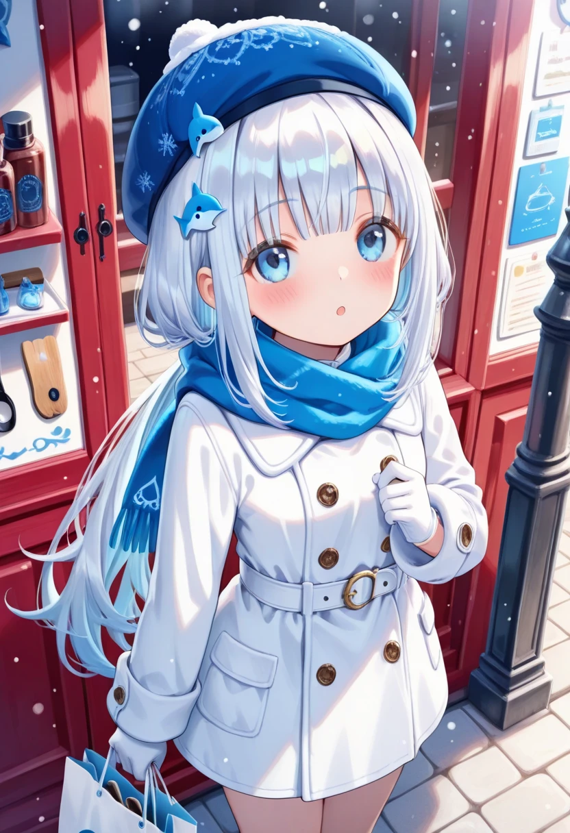 A long-haired girl with blue eyes, wearing hair accessories, gloves, and a hat, holding blue and white hair, standing outdoors, with a scarf and coat, looking up, with blue and white dolphin and other animal decorations on her head, wearing a blue and white coat, carrying shopping bags, paper bags, and paintbrushes, with a blue and white dolphin on her head.