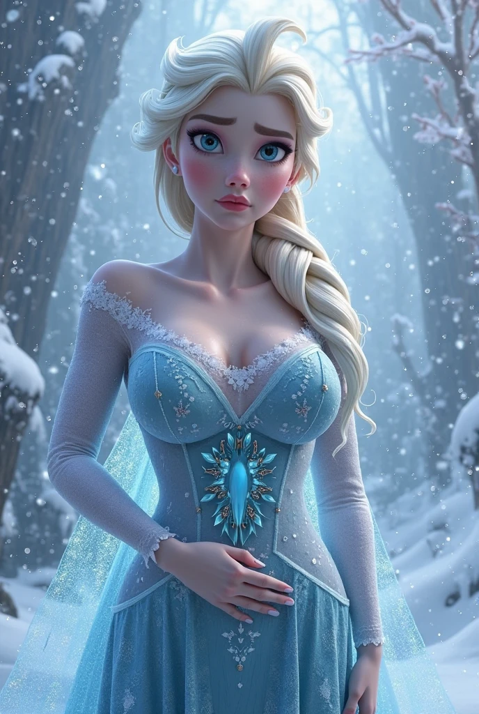 Portrait shot, elsa from frozen holding a star in her hand and a mountain in the background with snow flakes on it, disney, snow, a detailed matte painting, magical realism, disney artwork, (dreamlikeart style:1.0), ( redshift style:1.0), (analog style:1.2), (disney style:1), (copeseethemald style:0.8), (thepit bimbo:0.9), (glossy:1.0), high quality, good artist, porn, nsfw , small boobs, nude, detailed face, detailed boobs, deep cleavage , looking into the camera