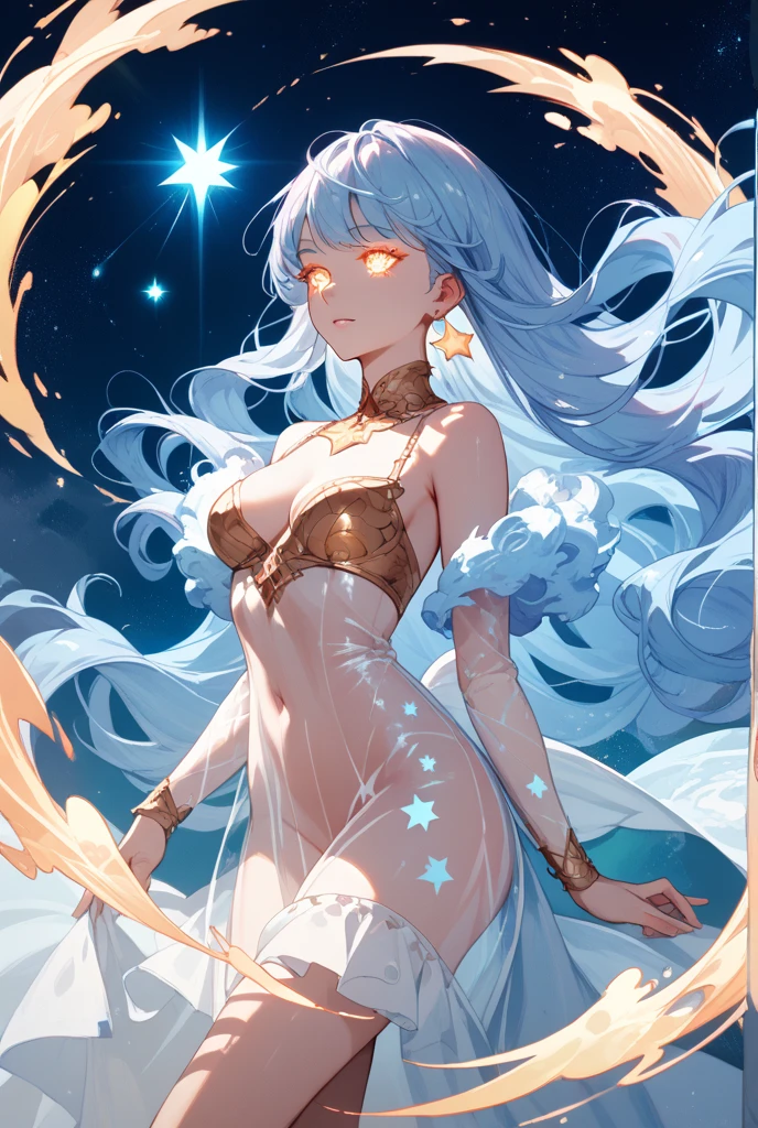 1 girl,trunk,dancing,looking ahead at viewer, violet_perennial garden, standing alone, jewerly, blank eyeballs,brooch, offwhite_body hair,( vevry long body hair:1.2),floating body hairlong_sleeveless, cinta, cerulean_eyeballs, , don, gem, body hair_cinta,sky, 