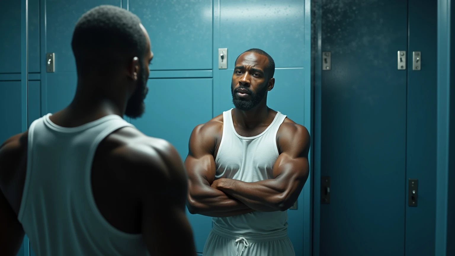 black man ,no muscles and a little fat, shaved hair, He quickly puts on his pants in the morning in a Chilean military locker room 