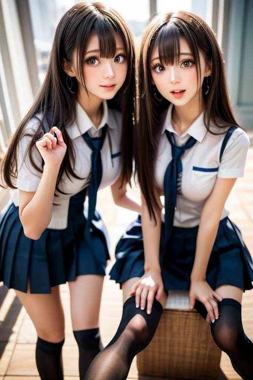 rialistic photo、Top image quality、Beautiful pictures、Schoolgirl in sailor suit、a miniskirt、Two women sitting on a shelf, two japanese schoolgirls posing, knees up、girls resting, Stand your feet、White shorts、beautiful flaxen ponytail、Beautiful facial features、Beautiful belly button、wearing japanese school uniform, Japan school uniform, in a tokyo street, uhd candid photo of dirty, ayami kojima and lyde caldwell, Two girls, sitting in tokyo, Cute Girls, japanese city street fashion