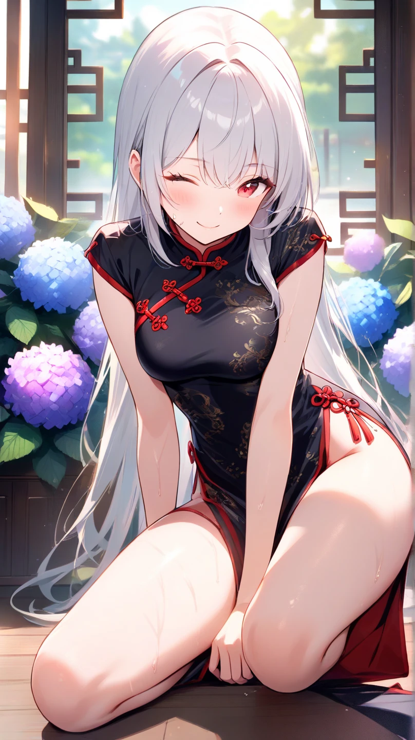 realistic image, coherent image, detailed image, 1 beautiful elf. She has silver hair, long hair. Yellow eyes, long eyelashes. Her face is oval and delicate. Smiling. She wears a red Cheongsam, side slits. She has a curvy body, medium breasts and thick thighs. Chinese temple, flower petals falling around. ambient light, volumetric light,
