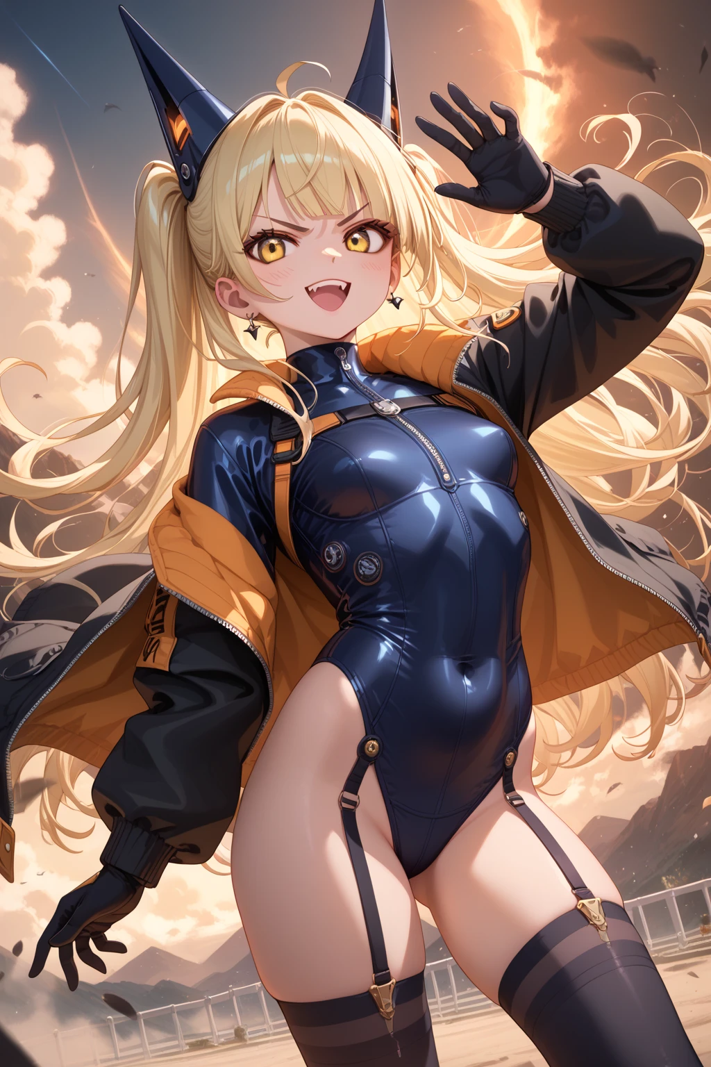 Shot from below、Standing with your legs apart、Standing with feet shoulder-width apart、Cute girl、highest quality、Ultra - High resolution、High resolution、Highly detailed CG、8k unit wallpaper、18-year-old、Careful and gentle eyes,Delicate and beautiful smile、Platinum Blonde Hair、Asymmetrical Hair、((( Dark Skin:1.5)))、(Shiny body,:1.5)、rabbit ears、(((loose socks、big breasts))) 、(Orange motocross jacket with green details, Biker clothes. Detailed design、Skin-colored bikini)Double Peace 、2.5D、My girlfriend、Grab the bikini strings、Tight bikini、Open your feet wide