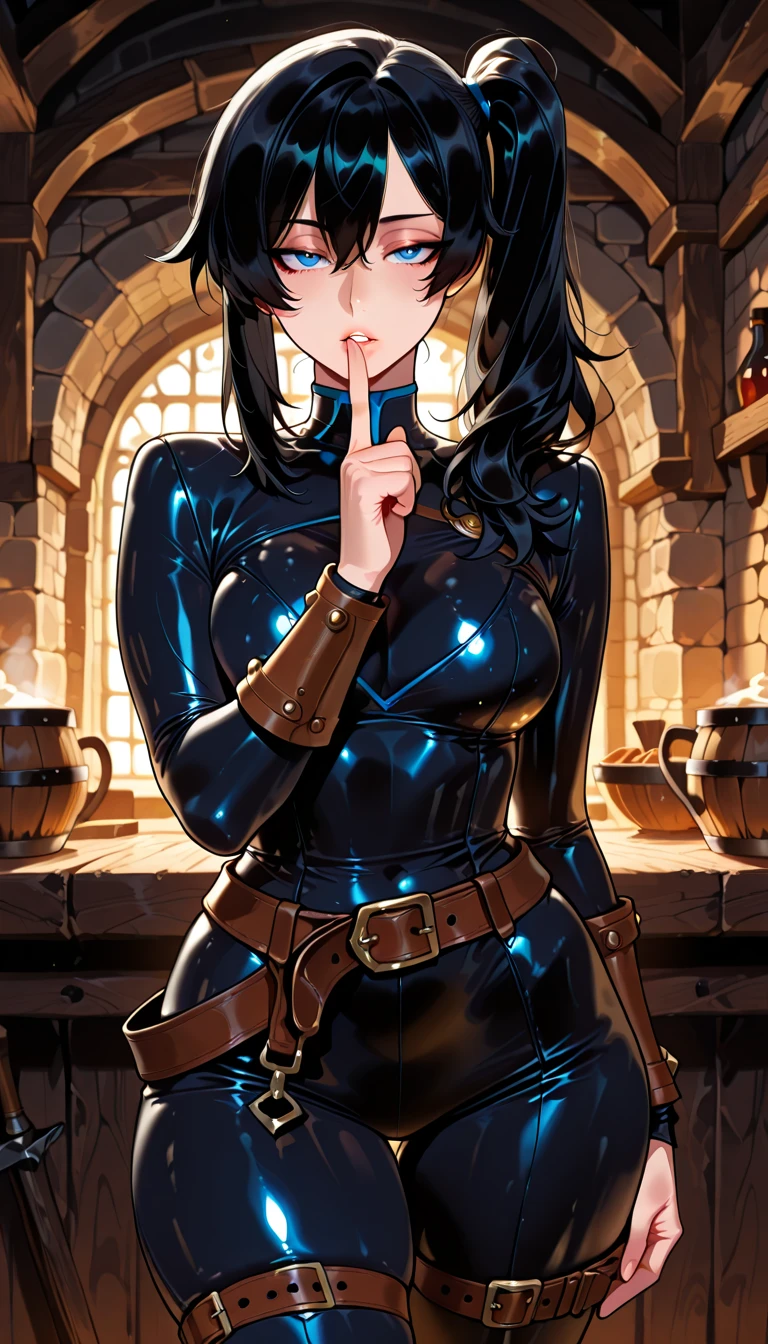beautiful young female warrior fighter with cat ears on her head, com rosto bem detalhado e bonito, belos olhos, belos olhos, rosto lindo, beautiful young woman wearing long brown leggings with black details, usando jaqueta de couro preta, standing in a castle, usando bota preta, cabelo comprido com franja preto, ,orelhas de gato, belo sorriso, tomboy, um pouco musculosa,suter branco com cinta em volta, olhar serio,usando jaqueta de couro preto, com ombreiras de prata nos ombros