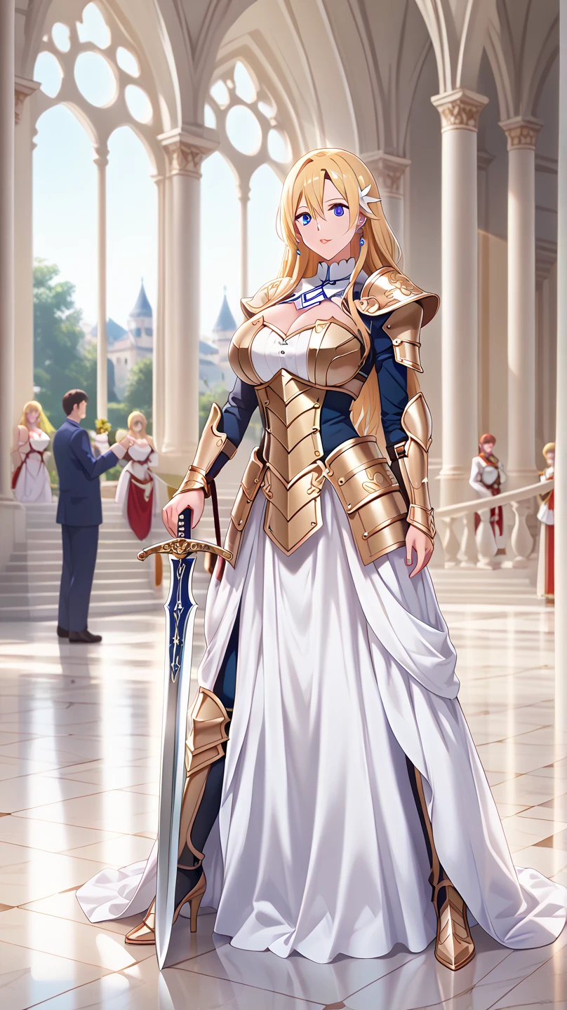 Blonde busty beauty,cleavage,white knight armor,crown,blue tights,long skirt,Bare Legs,Standing,castle