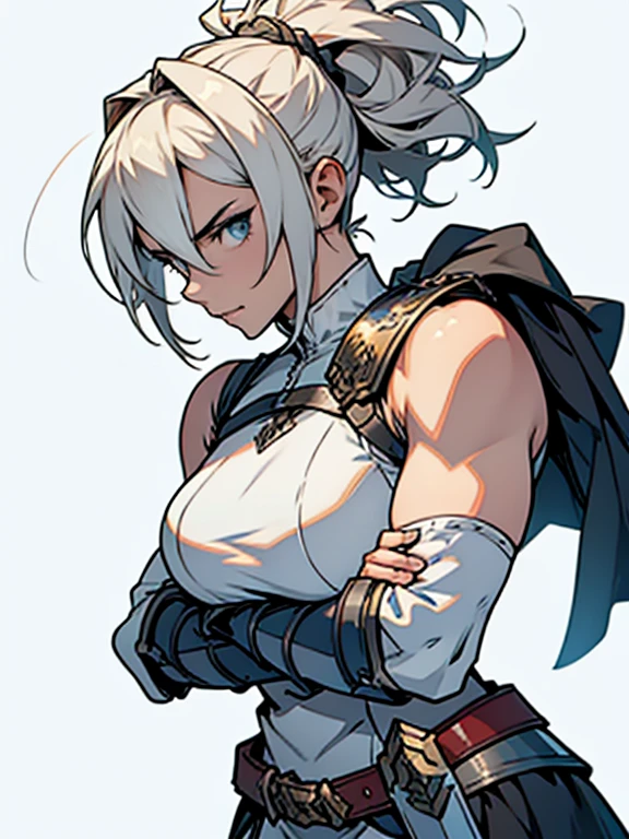Pale skinned woman with burn scars on her left arm and below her left eye with silver hair, , big hips and silver colored eyes. In an epic pose