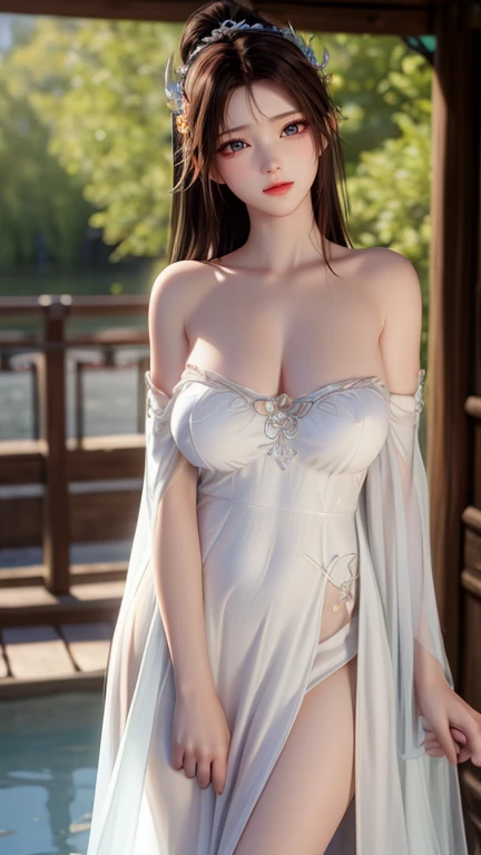 1 girl,Wearing an elegant (white transparent dress with white floral pattern: 1.3). The dress has a V-neck design and is sleeveless with straps passing over the shoulders. The dress has a high slit on the side, adding to its stylish look. The background suggests an outdoor setting with lots of greenery and modern architectural elements, the outdoor part of a chic modern place. The sun shines through the leaves, casting a soft glow on the scene,,open lips,charming smile,((huge breasts), shiny skin,Detailed hair,(tattooed:1.2),((8k, RAW photos, top quality, masterpieces)), high-definition RAW color photos professional photos, (realistic, photorealism: 1.37), (highest quality), (best shadows), ( ultra high resolution, high-definition CG unified 8K wallpapers, physically based rendering, movie lighting),elise