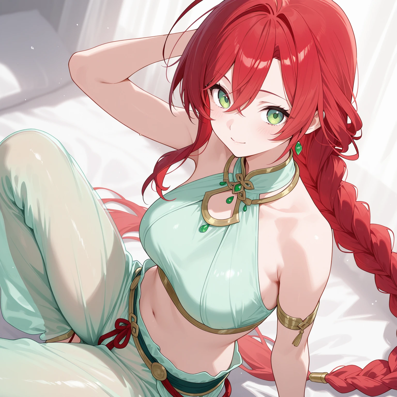 1girl, solo, (hong meiling:1.3), masterpiece, best quality, green top, crop top, ((stomach)), midriff, ((groin)), green skirt, normal ears, shackles, red hair, very long hair, wavy hair, sidelocks, blue eyes, parted lips, single horn, sweat, cute, toned belly, hand on own chest, eyelashes, (25 year old woman:1.3), (masterpiece:1.4), (best quality:1.4), (beautiful detailed eyes), extremely detailed CG, extremely delicate and beautiful, depth of field, (finely detailed face), (perfect details:1.0), (mature female:1.3), wide pelvis, slender, large veiny breast, 8k resolution, high quality, high definition, extremely detailed, masterpiece, best quality, red hair, long hair, alluring presence, braid, short skirt, close up, big tits,
