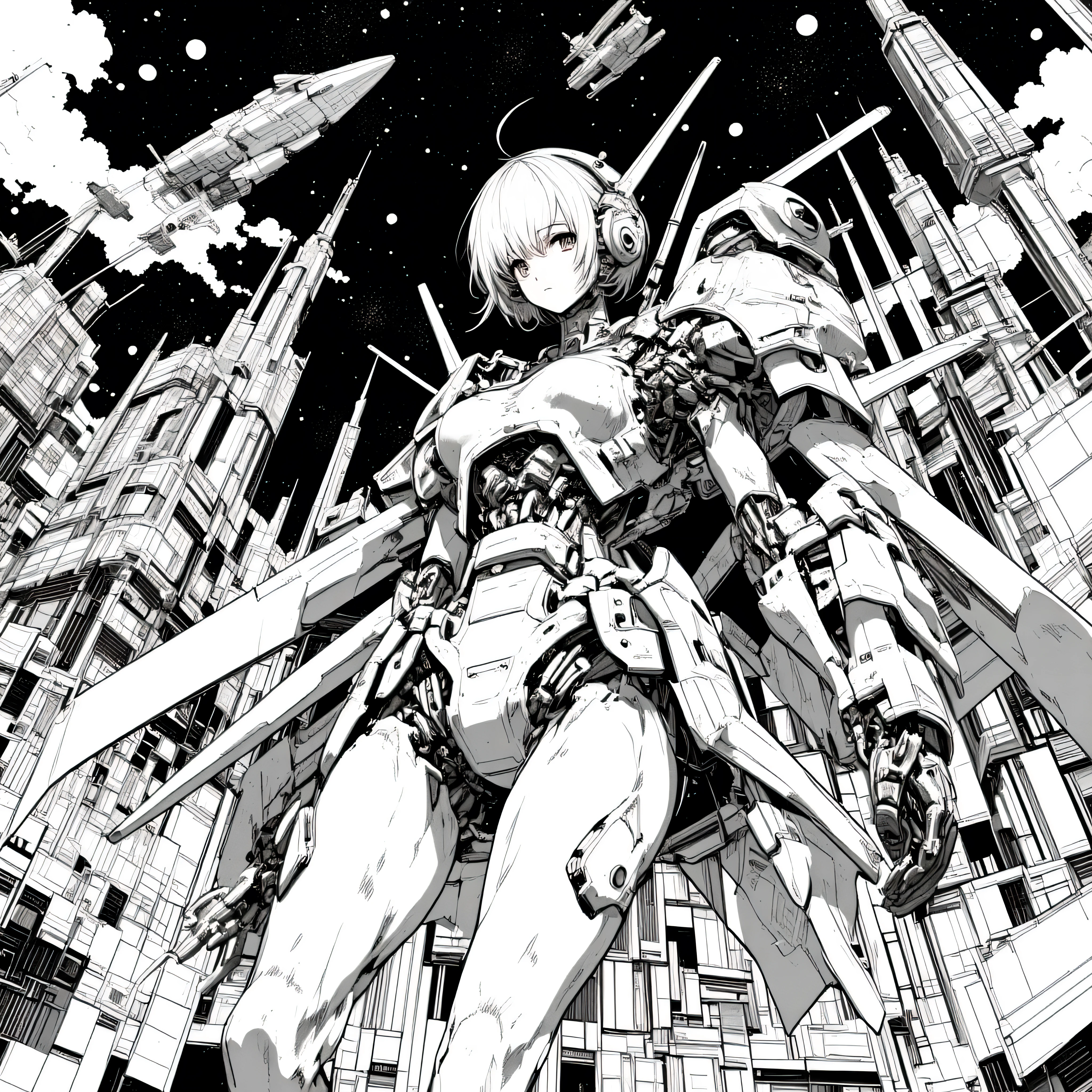 Anime mecha mujer blanco y negro