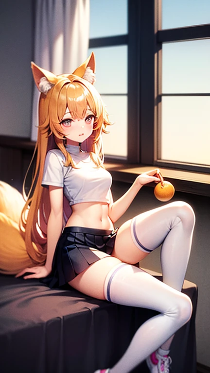 Masterpiece, Top Quality, 1girl, (Young Woman), Solo, Blonde Twin Tails, Big, Cat Ears, (Golden Eyes), (Long White Parker), T-shirt, Hot Pants, Black Fishnet Stockings, Happy, Looking Up, (Wooded Park) --auto --s2