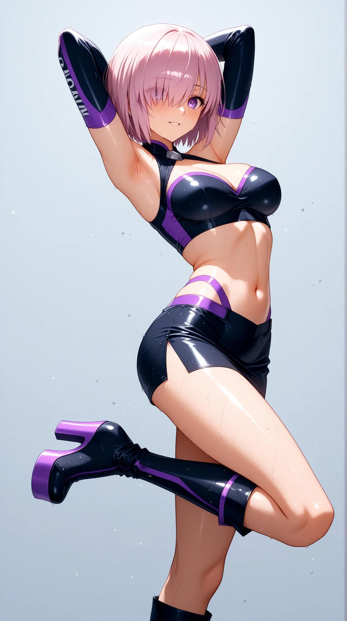 (best quality,4K,8k,high resolution,masterpiece:1.2),Super detailed, anime style, vaporwave aesthetics, line art, huge breasts, bimbo, Slim thicc dead:1.5, dark red bra, Purple and pink background, become sunny, posture:1.5, Wearing large headphones, dead, seductiveexpression:1.2, Smile,性感posture,extrusion,Almost exploding