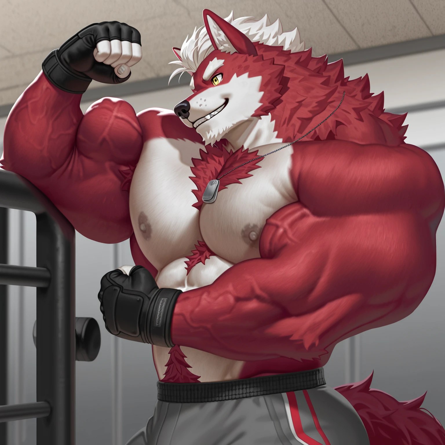 Best quality, Diederich, Furry Wolf, Red Fur, Red eyes, Medium Muscular Body, Solo, Handsome, Good Looking, Topless, Cool Pose, Sweat, Hands hold head, Kneeling, Athletic shorts, White socks, Leg speard, Fierce, Smiling, Locker room, Looking at viewer