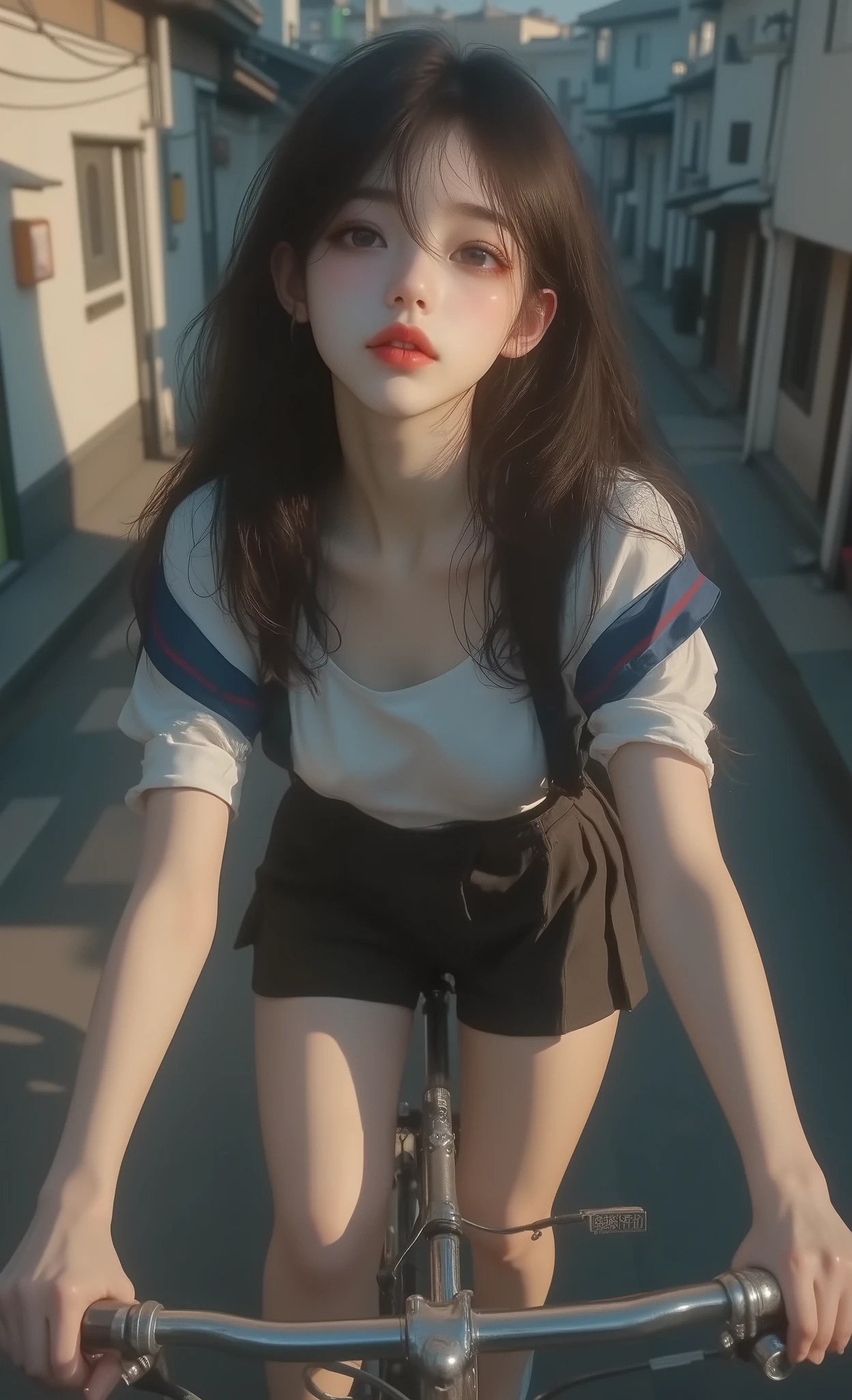 Full body picture, best quality, masterpiece, high sensitivity, high resolution, detailed depiction, Slender Woman, high angle shot of a girl with a piece of bread in her mouth, long black hair, wearing a Japanese Sailor Fuku short-sleeved school uniform, is riding a bicycle on an alleyway, surrounded by modern Japanese houses in the morning, very pale skin white skin sexy 18, Looking at the chest, See hands, See arms, See legs, See knees, See feet, See whole body, Shining skin, is cute ( Seductive gestures:2 . 0)