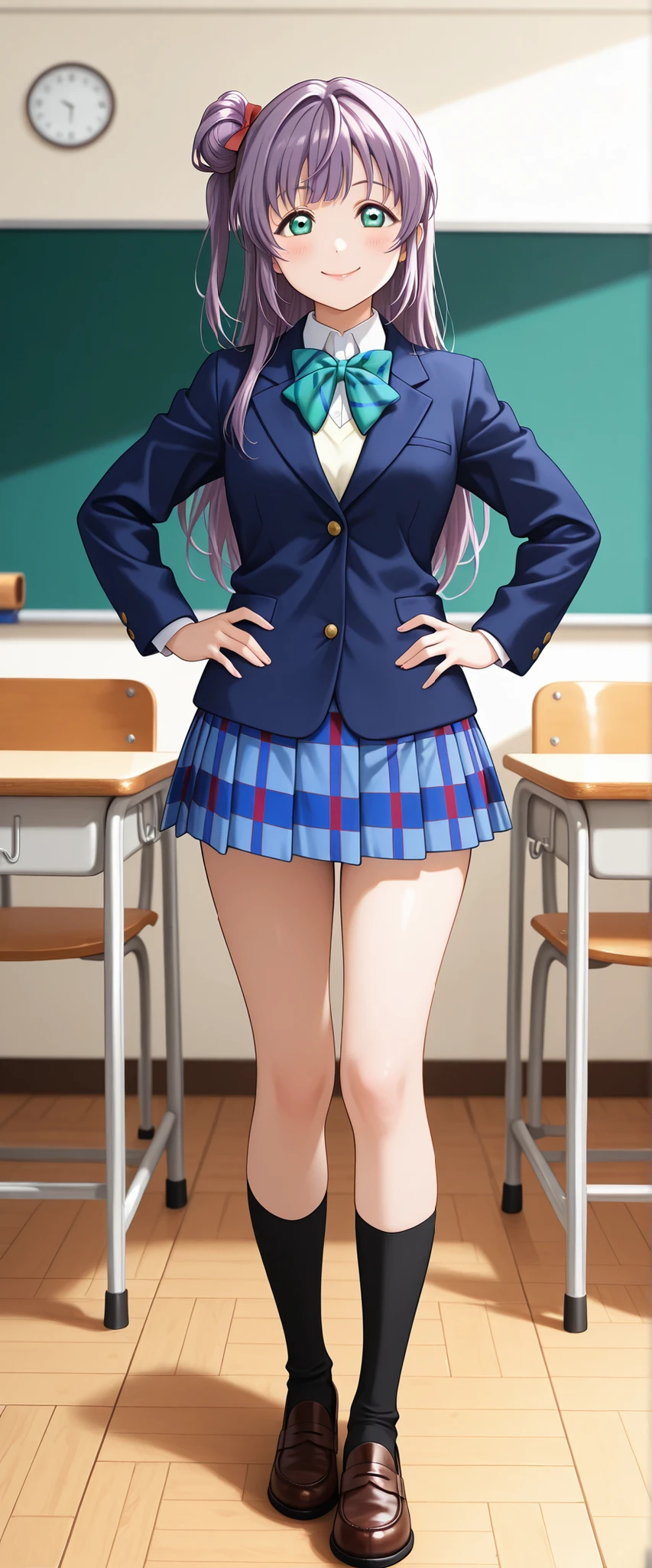 1girl, solo, otomune kozue, love live! hasunosora, one side up, otonokizaka winter uniform, navy blue jacket,blue bow tie, closed mouth, glossy lips, pleated skirt, smile face, striped bow, red striped skirt, blush, plaid skirt, blue striped bowtie, socks, loafers,standing,put hands on hip,from front,background in classroom ,BREAK score_9, score_8_up, score_7_up, score_6_up, source_anime