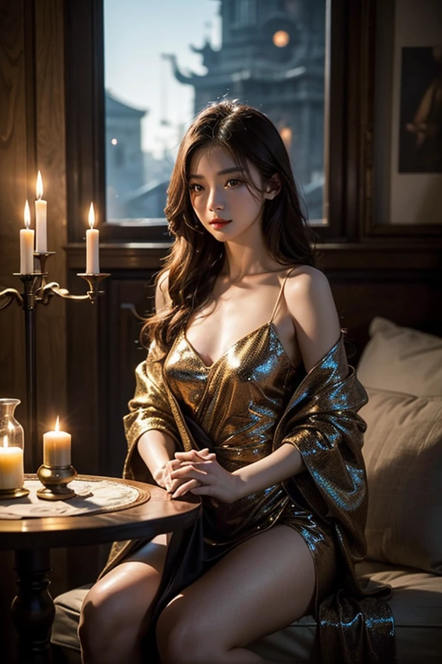 (Photoreal Stick:1.5, masutepiece:1.5, 8K), (top-quality, ​masterpiece, 超A high resolution), Perfect dynamic composition, Professional camera work:1.4, Highly detailed skin and facial texture:1.3, Mystical portrait:1.3, Grow Light Effect, The ultra-detailliert, 1girl in, ((Night view from inside the building, Pitch black room:0.9, The moonlight at night shines through the glass)), (light golden nightgown), Model body type, Clear face, (Beautiful and seductive eyes:0.9, Enraptured look:1.0, i love you completely:0.8, A mouthfeel that feels beautiful eros:0.7), (Wet dark brown medium hair), candles, the chest is medium, a necklace, (Leaning against the window, Sit up), ((seductiv, Functional, Bombshell))
