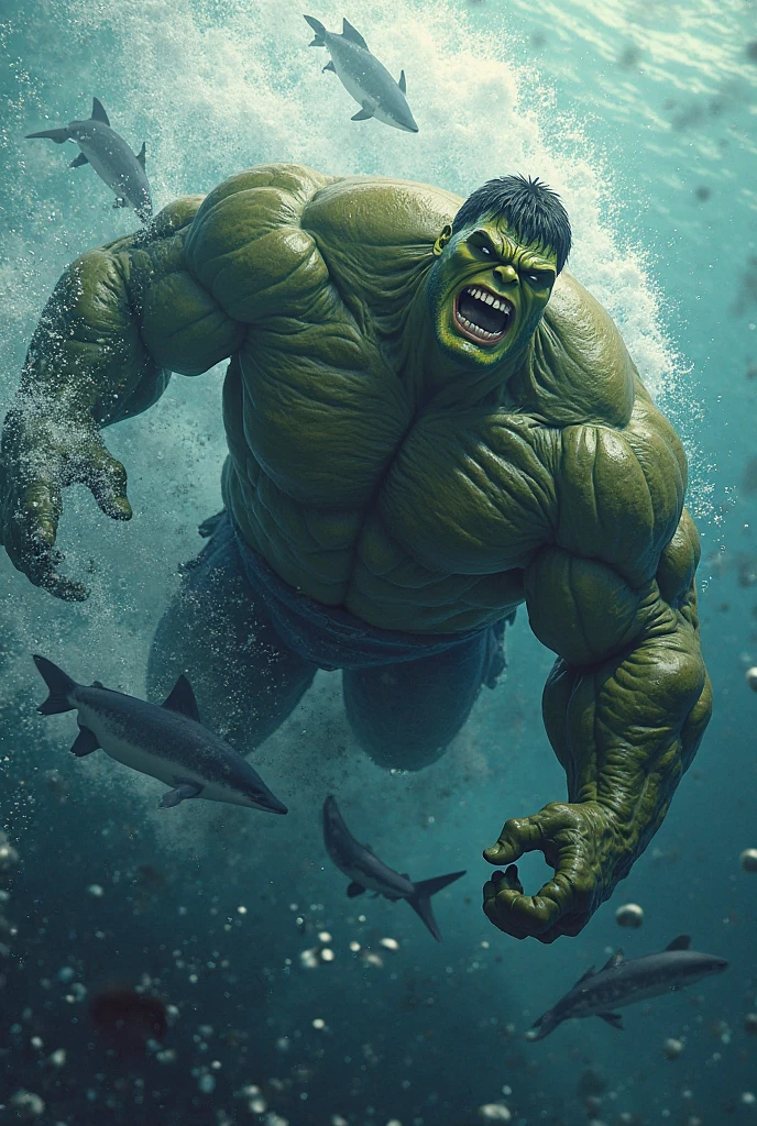 A muscular green humanoid figure, The Incredible Hulk, standing on a beach, has just thrown a massive whale back towards the ocean, the whale mid-air with huge eyes and an open shocked mouth, comical scene, (best quality,4k,8k,highres,masterpiece:1.2),ultra-detailed,(realistic,photorealistic,photo-realistic:1.37),hyperrealistic,3D render,dramatic lighting,vibrant colors,action pose,ocean background,beach setting
