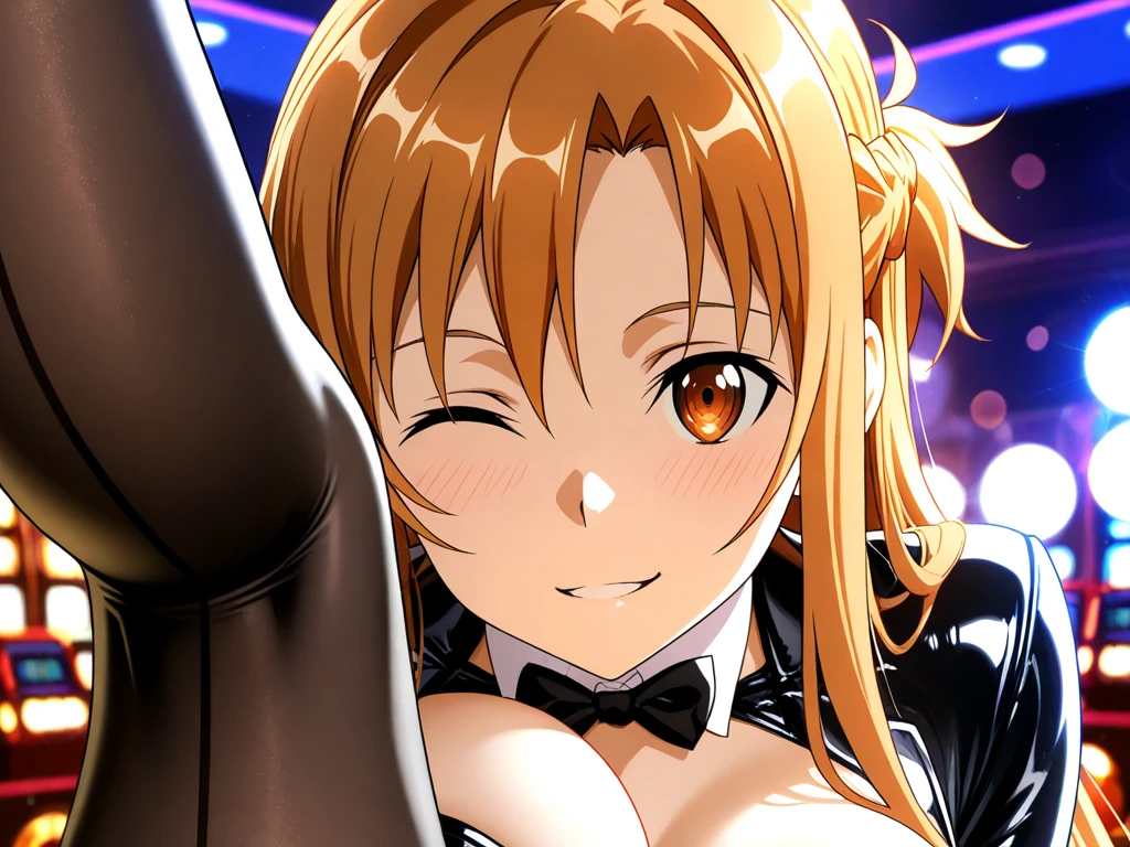 (best qualityer:1.5, high resolution, ultra HD, 4K, detailed lighting, Shaders), chestnut hair, big ponytail, busty, Little bunny, neckleace, (Accurate shot), squatt, fishnet stocking, camel toe, fake bunny ears, Background of the room at night, smiling, sexly, erotic, sensuous, seducer