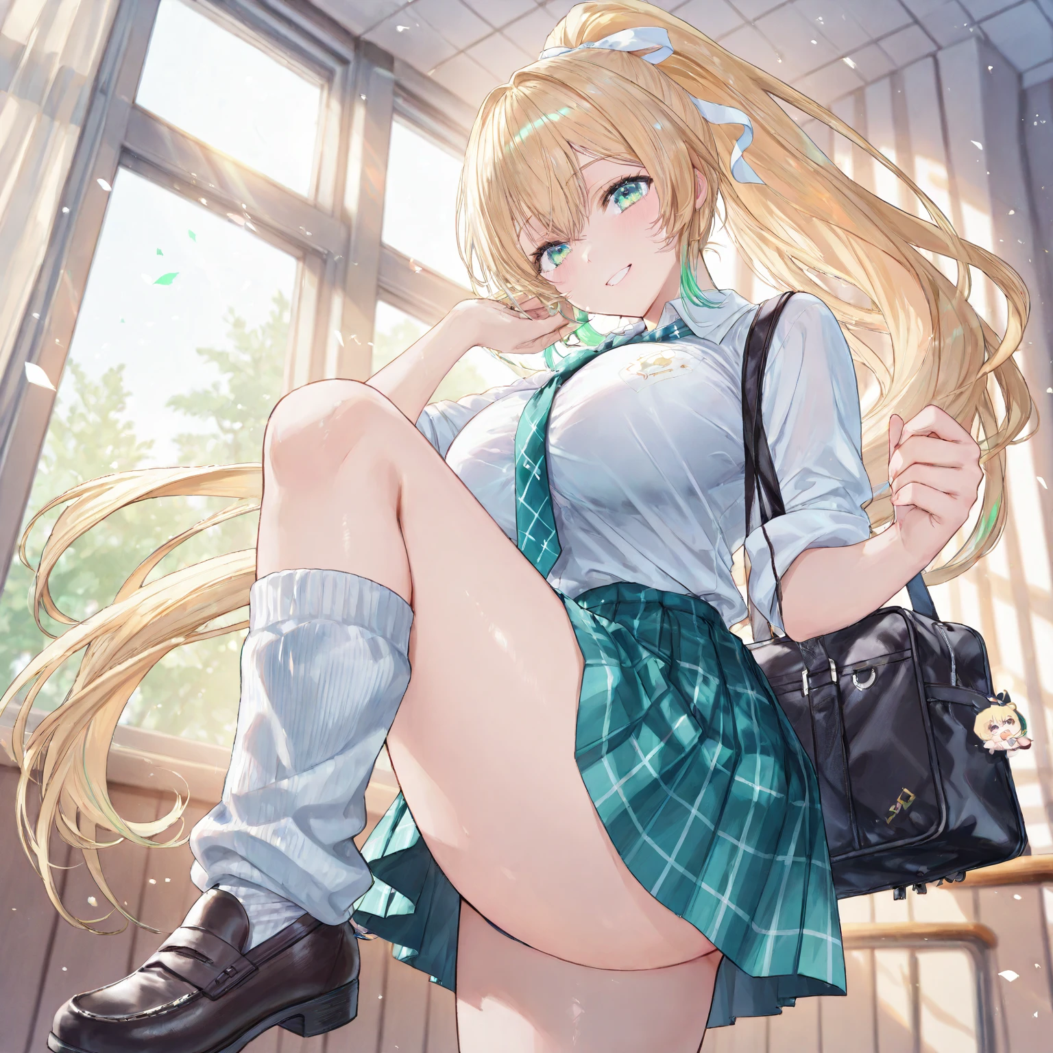masterpiece, best quality,
1girl, view from below,
(lift up the plaid skirt:1.4), (summer school uniform:1.3), white bikini bottoms, yellow hair, smile,
(wet body:1.2), classroom,