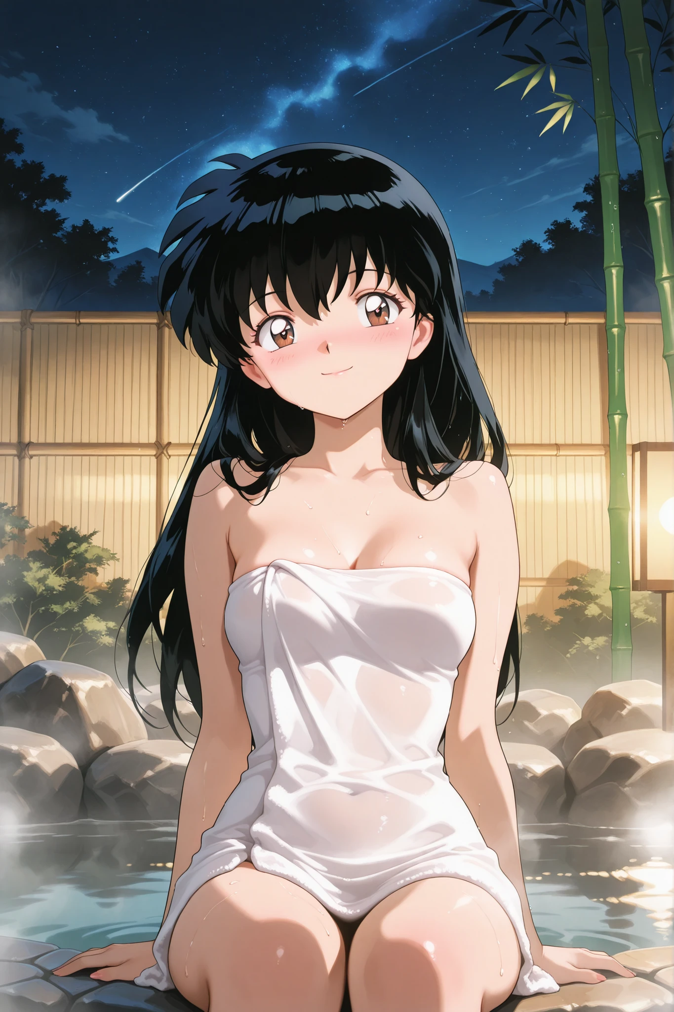 inuyasha, anime, anime_style,kagome higurashi, long hair, black hair, retro artstyle, brown eyes,
soro, one girl, White towel wrapped around body, onsen, open-air bath, night, beautiful night sky, bamboo, stones, hot water, steam, body submerged in hot water, blushing, smiling, closed mouth, sitting,Face, chest, girl-centered composition,BREAK upper body, soft breasts, beautiful sunlight, beautiful lighting, lens flare, light leak, Touching illustrations, touching, emotional, like a scene from a movie,beautiful art, beautiful illustrations, best art, beautiful art, amazing art, amazing illustrations, masterpiece,best quality,amazing quality,very aesthetic,absurdres,newest,