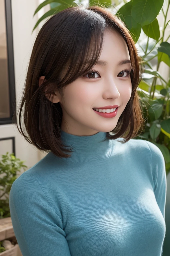 ((masterpiece)), ((Highest quality)), ((Complex)), ((Surreal)), (Realistic), (Mature Woman), ((There are no classes)), Very detailed, (1 female), Beautiful and exquisite, (Beautiful Teeth), Grin, Brunette Bob Hair, Brown eyes, ((Blue turtleneck)), (Upper Body), (background:none), Perfect Eyes, Captivating eyes, Looking at the audience